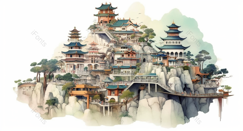 白色背景山间阁楼建筑亭子中国风国潮风插画,插画/手绘图,插画/手绘图库,插画/手绘图下载,插画/手绘